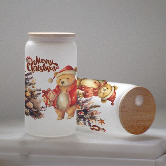 Merry Christmas Glasses cup 16 oz glass cup with Straw & Bamboo Lid. - Picture 2 of 8